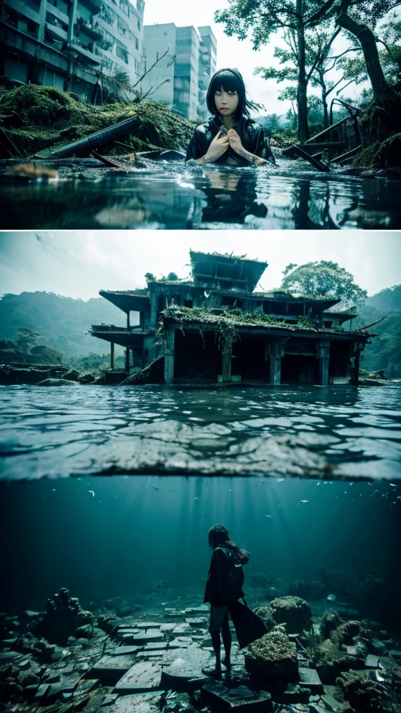 In the water,moss,Showa,Collapse,Devastation,Inside the ruins,Glasses,Women,adventure,Black and White,
