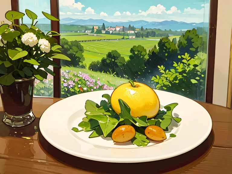 Impressionist style, Claude Monet style, Harmonious, elegant, France 10, still life, Big potato on the kitchen table, Slice thinly and arrange on a plate with the arugula leaves and artichokes., Oil on canvas,