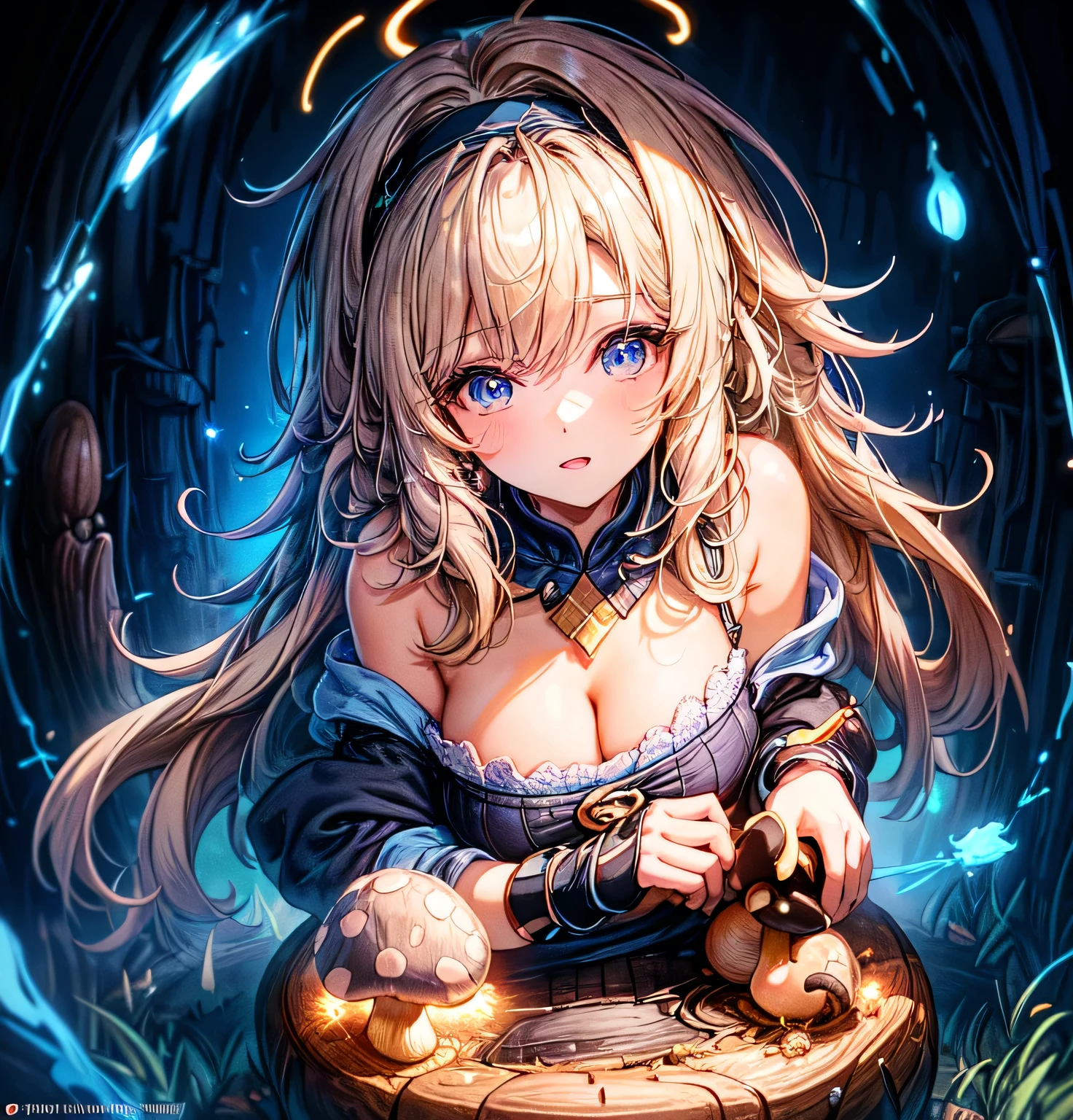 a beautiful 20 year old blonde woman with big messy hair in a blue dress, white stockings, black headband, cleavage, holding a glowing mushroom, fantasy art style, highest quality, masterpiece, 8k, 超A high resolution, beautiful face, 
