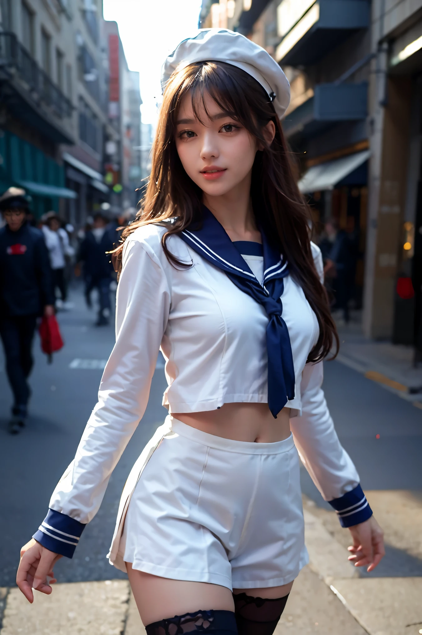 1girl, korean, light smile, long hair, brown hair, medium breast, sailor outfit, sailor uniform, walking on street, dynamic lighting, black background, intricate detailed, finely detailed, cowboy_shot