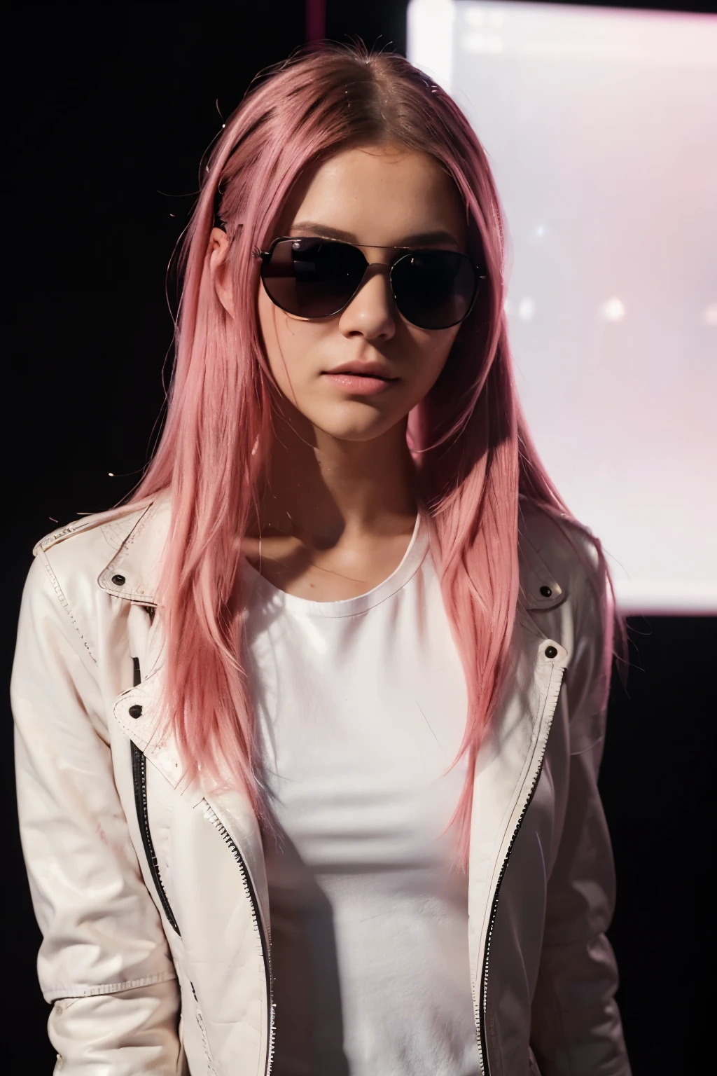 European girl with tint sunglasses Pink hair, in a photo shouting room, attractive lips, stunningly beautiful woman, posing like a professional model, feminine form, stunningly gorgeous, flirty and playful, film photography, extreme detail, 4k, ultra hd hyperrealism, trending on artstation, polished, photorealistic, backlight, hair light, 8k ultra hd. 23 years oldPerfect body , Full body clothed view, Tall ,detailed skin, skin texture), t-shirt white and ((leather jacket)) ,casual , pastel dark pink very long hair, pink twintail hair , , ((( black background))), (detailed skin, skin texture) ,Highest-quality , High Detailed photo ,((tint sunglasses))