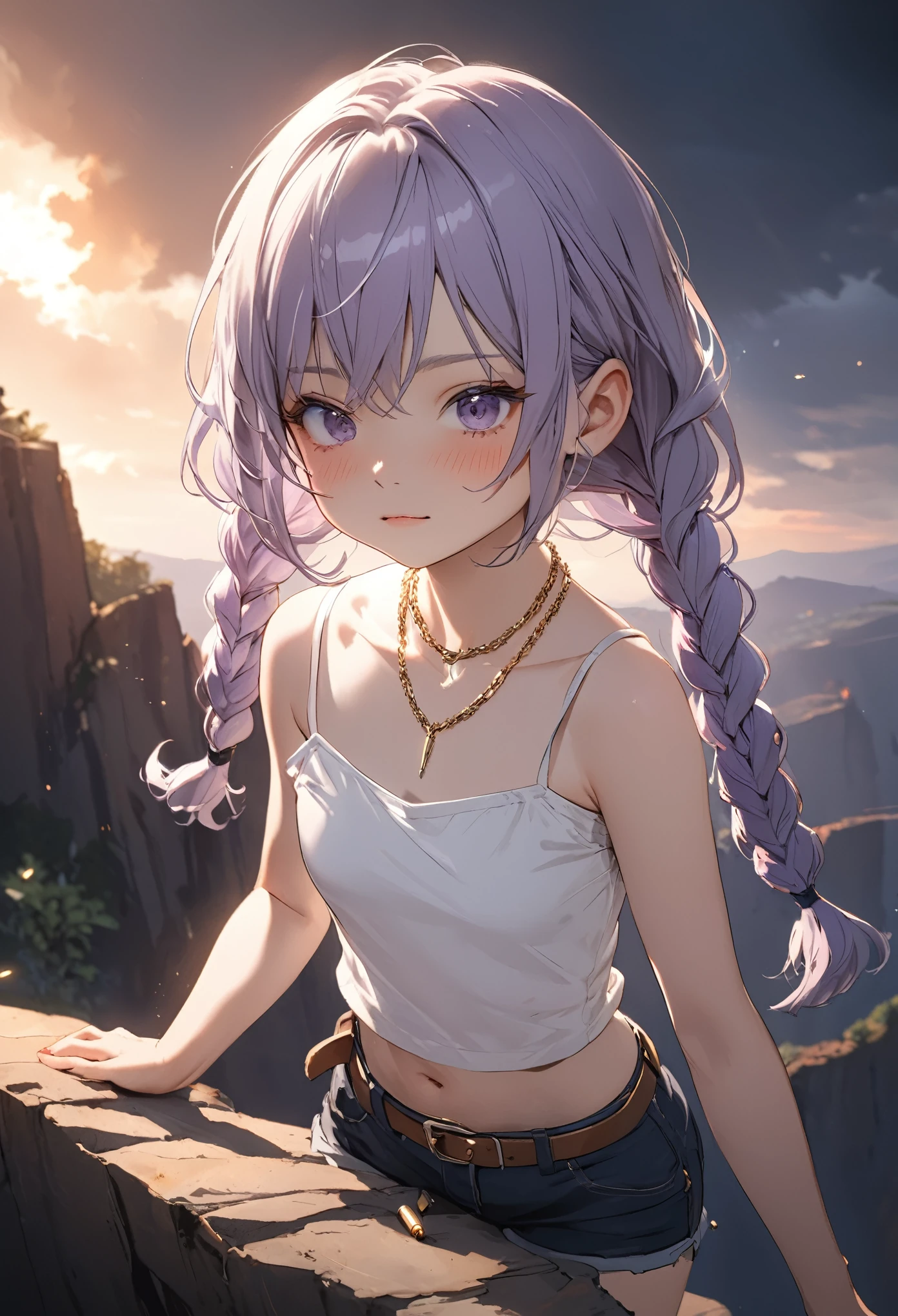 ((Masterpiece)), (highly saturated), (Anime:1.5), ((best quality)), (sketch:0.3), (best quality:1.2), (Professional Photography:1.2), (), ((1girl)), Textured skin, cinematic lighting, intricate details, pale purple hair, cute teenage girland very blush), lower eyelashes, (twin braids), single elbow glove, ragged short shorts, cute bikini top only, (slightly strap slip), Thin chain necklace, belt, bullet, upper body, potrait, (place hand on hip), ((On the precipitous cliff)), (sharp focus), perfect hands, perfect light,