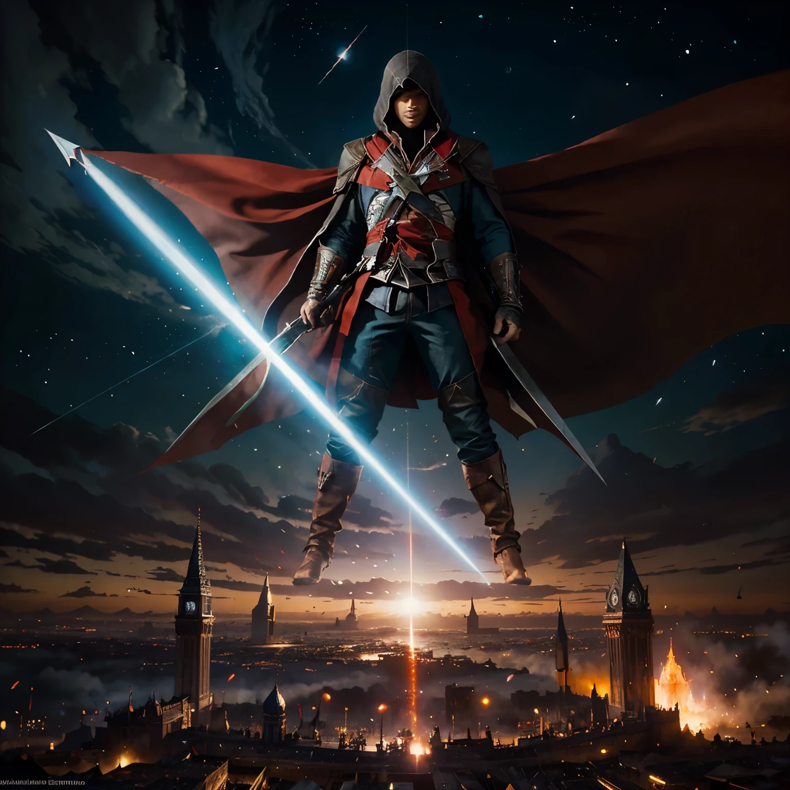 El protagonista de assasins creed, ambientado escebograficamente en el mundo del planeta del tesoro de disney y con dibujo al estilo del anime Tengen Toppa Gurren Lagann