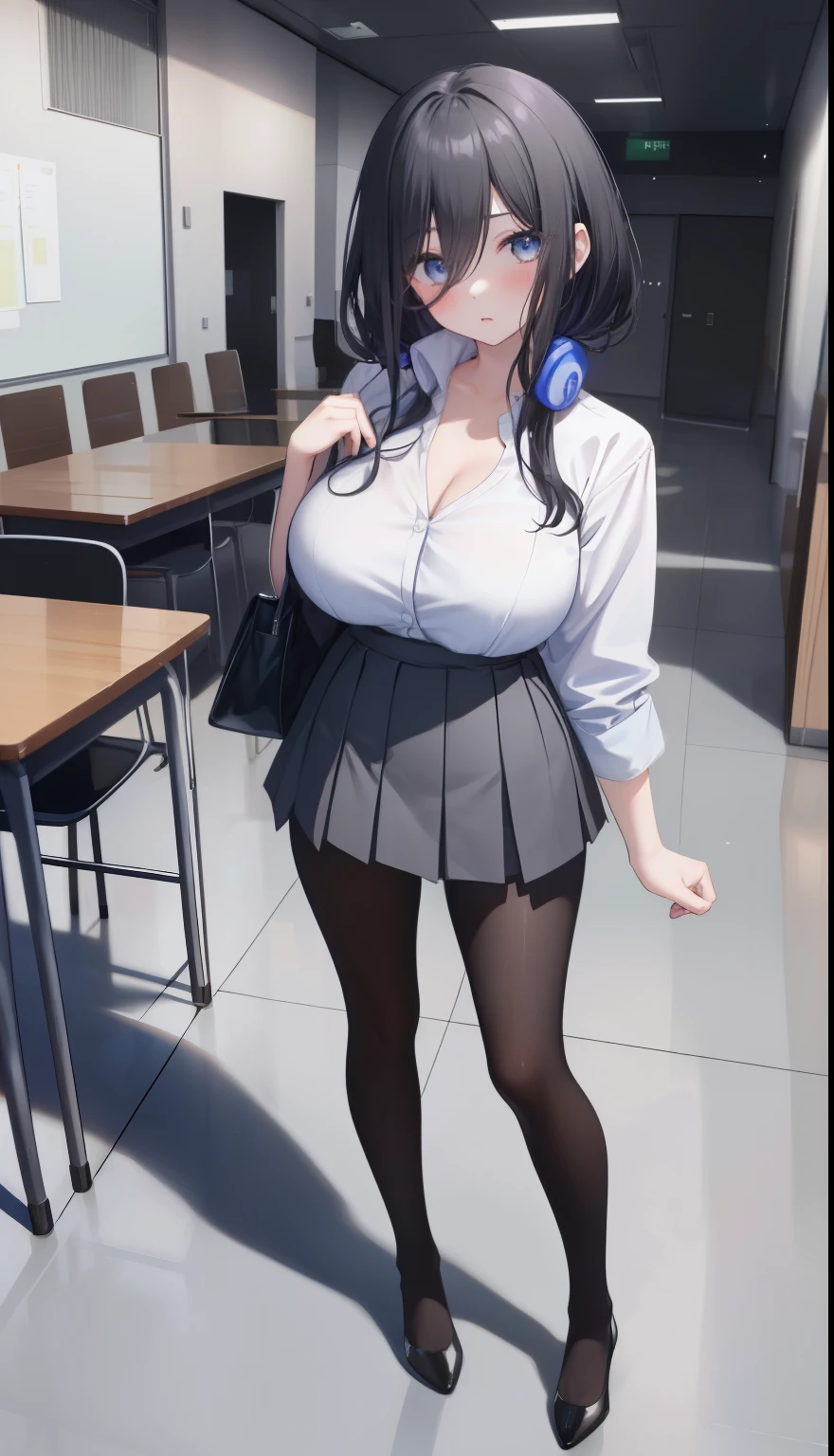 One Girl、positive、Standing posture、Full body portrait、Black Hair、Medium Haircut、blush、Absolute area、Black knee-high socks、Knee-length、stockings、Black Pantyhose、White underwear、Light blue shirt、Blue-gray business suit、Grey tight mini skirt、Japanese office lady、Summer clothes、classroom、Stand on the podium、Daytime、（Very large breasts）、Cleavage、open chest shirt、((Lesbians around the world))、masterpiece、（highest quality）、
Panties around the ankles、Black high heels、Shirt buttons fly off