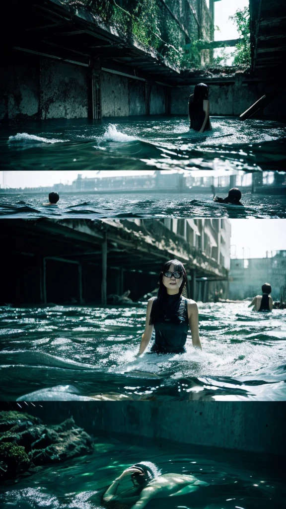 In the water,moss,Showa,Collapse,Devastation,Inside the ruins,Glasses,Women,adventure,Black and White,