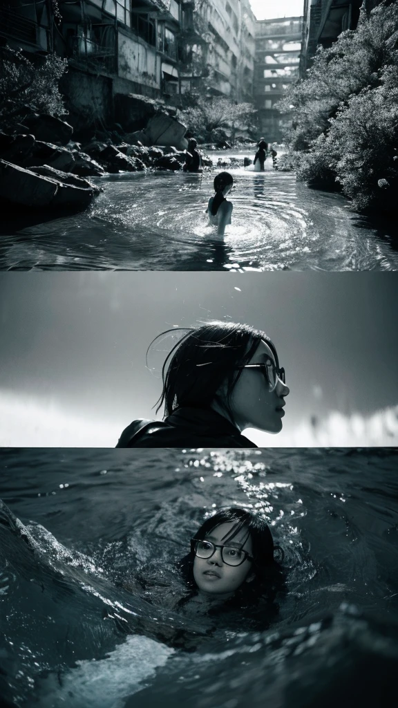In the water,moss,Showa,Collapse,Devastation,Inside the ruins,Glasses,Women,adventure,Black and White,