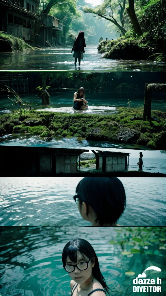 In the water,moss,Showa,Collapse,Devastation,Inside the ruins,Glasses,Women,adventure,Black and White,
