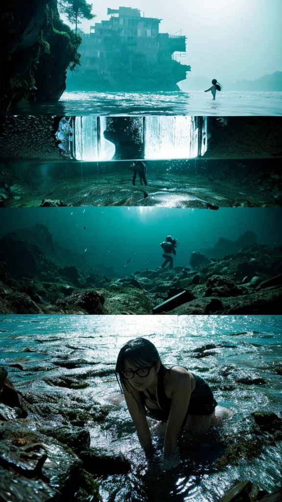 In the water,moss,Showa,Collapse,Devastation,Inside the ruins,Glasses,Women,adventure,Black and White,