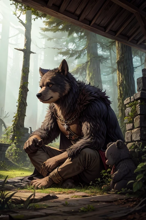dark forest with medieval ruins with toten bear