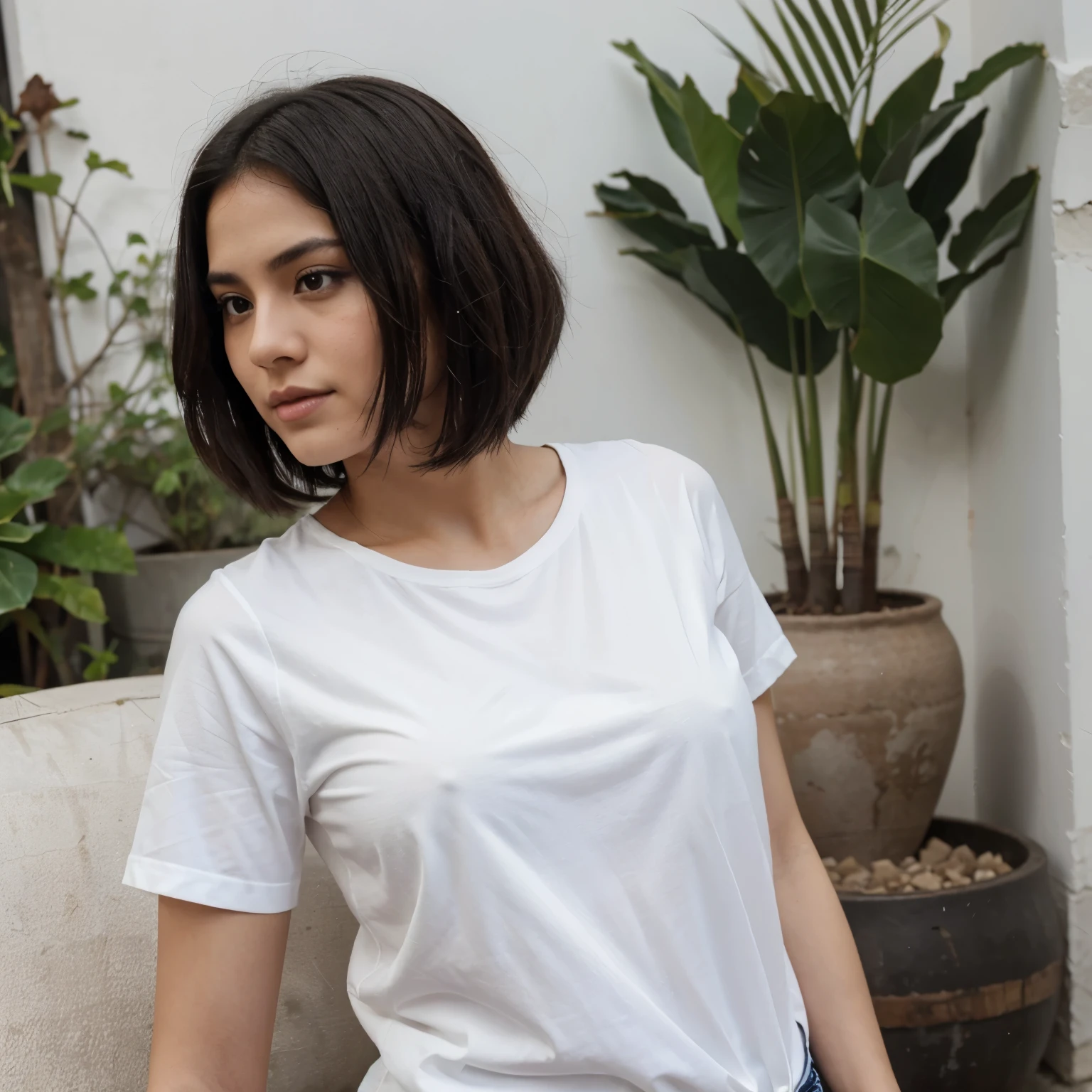 Joven, Sexy, pelo corto, camisa blanca y falda negra