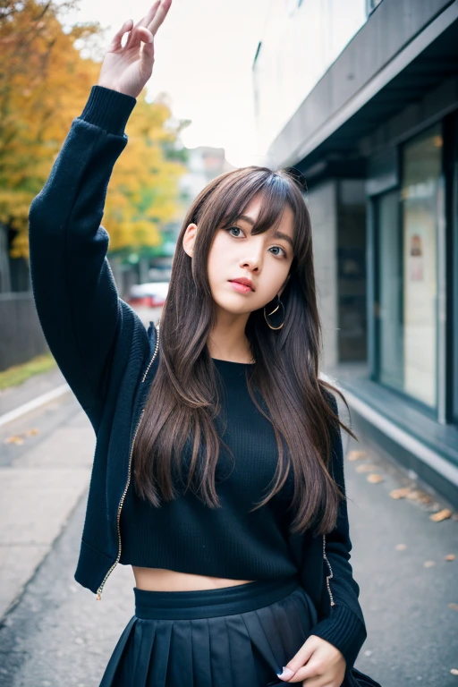 two,, , One Girl, Ahoge, bangs, Black Skirt, 黒いsweater, Blue Claws, Blurred, Blurred background, chest, Brown eyes, Brown Hair, 茶色のJacket, Mouth open and drooling, Repaired, Day, Depth of written boundary, Earrings, eyelash, Raise your hand, Tilt your head, Jacket, jewelry, Long Hair, Long sleeve, View Viewer, medium chest, Manicure, Open your clothes, オープンJacket, Outdoor, Pursed lips, Tucked in shirt, Side Lock, Her skirt is flipped up,Underwear is visible, Sleeves are longer than the wrist, alone, sweater, Upper Body, zipper, , With legs apart, ((Squad)), ,