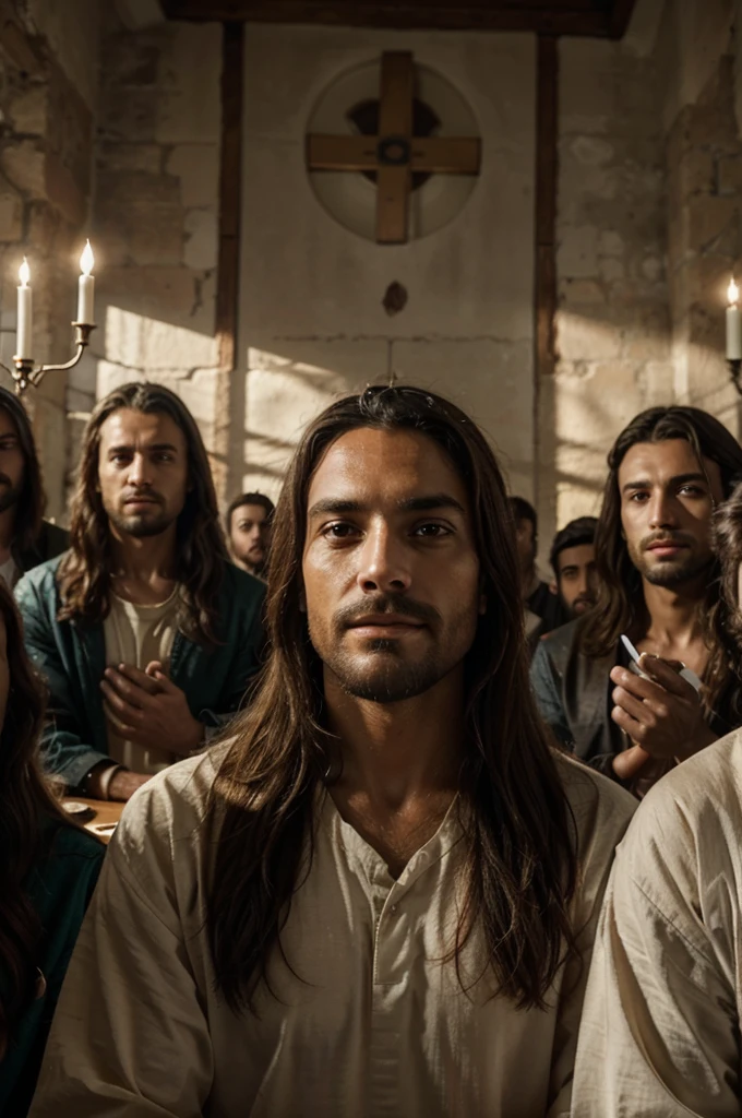 Last_supper_recreation, Jesus_taking_selfie_with_all_twelve_male_apostles_smiling_visible, Jesus_masculine, all_twelve_male_apostles_seated_smiling_visible, Jesus_in_center_taking_selfie, realistic_style, (masterpiece, high_quality, best_quality:1.3), extremely_detailed, extremely_intricate, fine_texture, extremely_high_resolution_details, natural_lighting, clothed_apostles