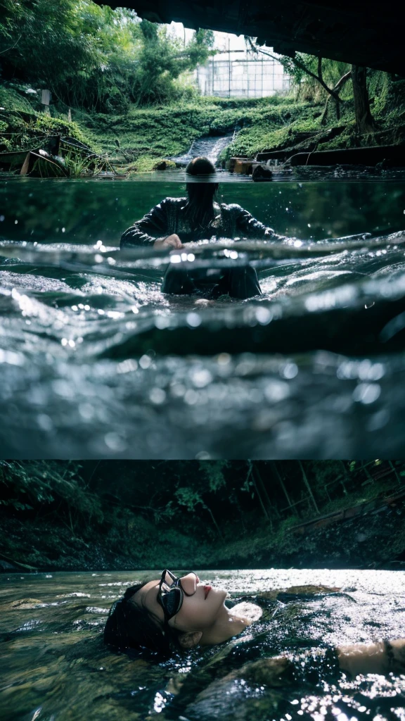 In the water,moss,Showa,Collapse,Devastation,Inside the ruins,Glasses,Women,adventure,Black and White,