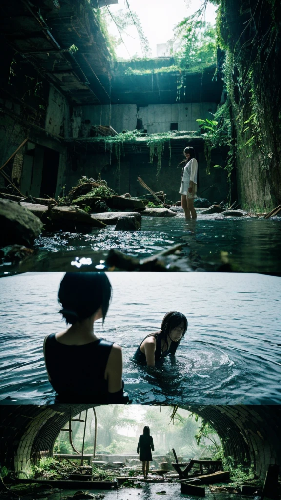 In the water,moss,Showa,Collapse,Devastation,Inside the ruins,Glasses,Women,adventure,Black and White,