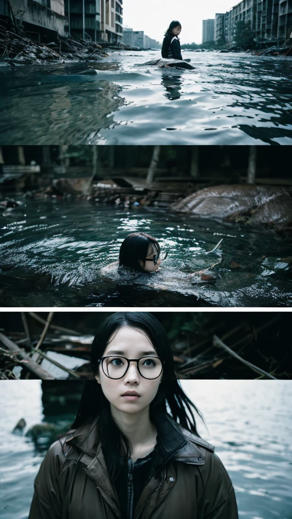 In the water,moss,Showa,Collapse,Devastation,Inside the ruins,Glasses,Women,adventure,Black and White,