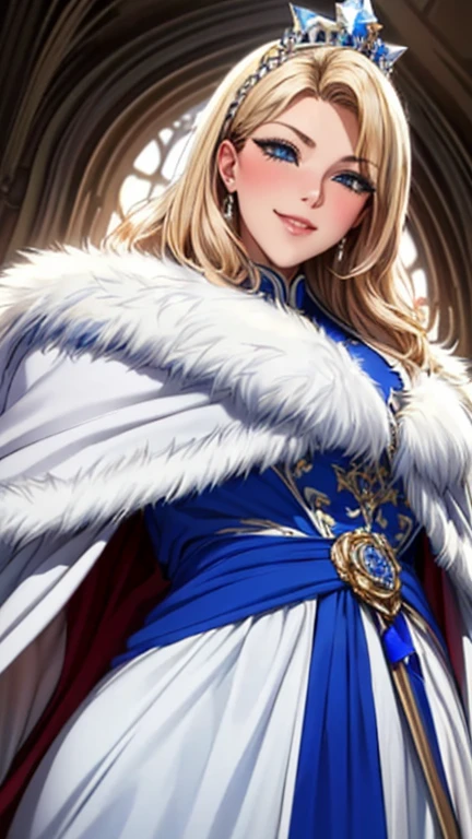 (UHD, retina, masterpiece, Accurate, anatomically correct, rough skin, Super detailed, advanced details, high quality, 最high quality, High resolution, 1080P, HD, 4K, 8K, 16k), (beautiful and fine eyes, beautiful detailed lips, highly detailed eyes and face), studio lighting, Physically based rendering, Bright colors, (big breasts, super big breasts, super extra big breasts, glamorous body), (crown, luxurious royal blue cloak, white fur, gem, ornaments, royal coat of arms, take the scepter:1.5), (portrait, blonde hair, shiny hair, shiny skin), (Bokeh), (tilt your head to the side:1.5), eye reflection, (blush, smile, cowboy shot, from below:1.5),