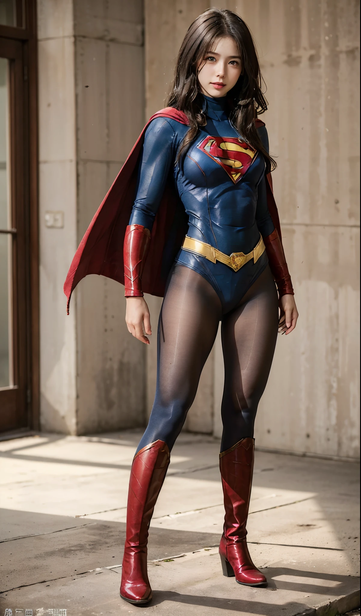 No background、(((Beautiful legs in black tights.)))、(((Legally express the beauty of your smile)))、((((Make the most of your original images)))、(((Body-fitting Supergirl costume)))、(((Supergirl Costume)))、(((Beautiful Hair)))、(((suffering)))、(((Please wear black tights....、Wear red boots)))、((Best image quality、8k))、((highest quality、8k、masterpiece:1.3))、(((Preserve background )))、Sharp focus:1.2、Beautiful woman with perfect figure:1.4、Slim Abs:1.2、Wet body:1.5、Highly detailed face and skin texture、8k