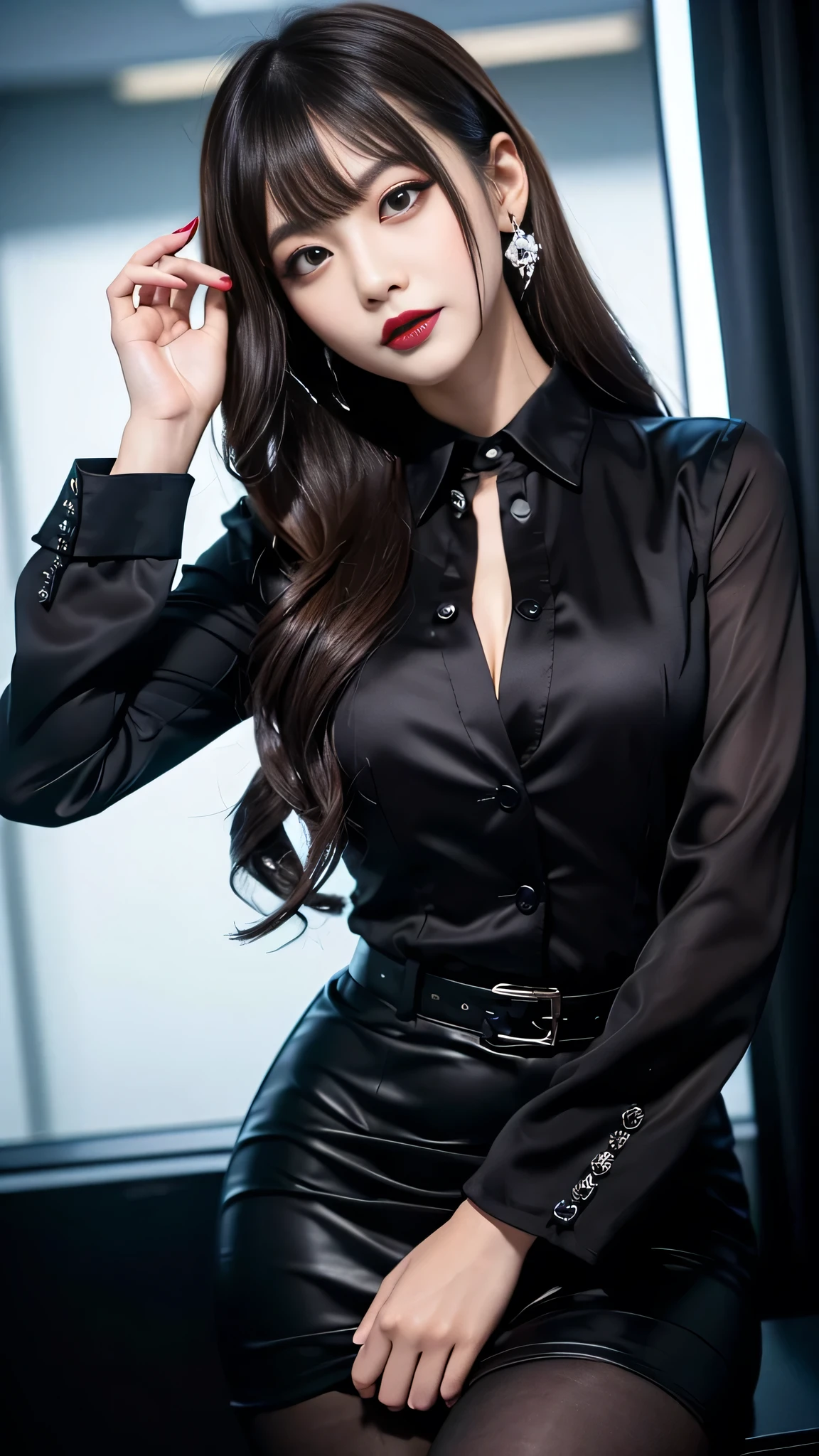 best quality、ultra-detailed、4k、Japanese、Seductive beauty、seductive adult woman、Pretty Woman、cool girl、Villainess、Brainwashed、brainwash、Fallen into evil、smirk、Evil look、Wicked Smile、evil、Brown hair、wavy hair、swept bangs、dark makeup、dark makeup、piercing eyes、hollow eyes,half-closed eyes、Hollow Eyes、purple Eyeshadow、black lipstick、black lipglos、office staff suit、suit、Jacket、Black sleeves、White Shirt、Black Ribbon、Tight Skirt、pantyhose、night、inside darkroom、Are standing、shoot from below、Have lipstick、Emblem of Evil、Crest of Darkness、Swear allegiance、I have pledged my allegiance、Dye black、Blackening、Stained with evil、Dyed in darkness、Seduce