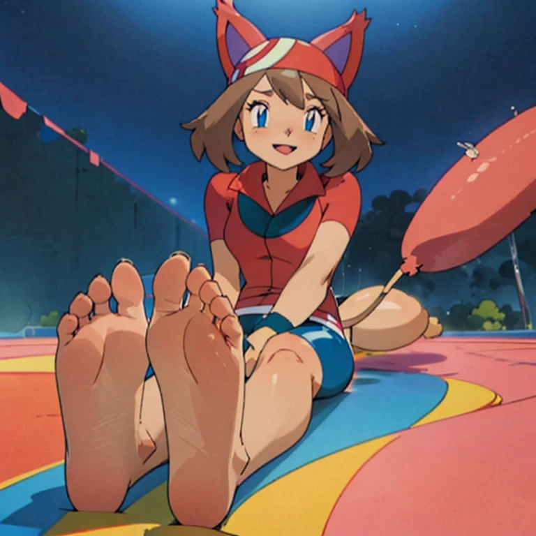 character_pokemon_may, may \(pokemon\), Maypokemon, barefoot, bare legs, soles, bandana, POKEMON_CHARACTER_MAY, barefoot, blue eyes, brown hair, red bandanna, red shirt, white skirt, blue shorts, bike shorts, biker shorts, catgirl, cat girl, pink cat ears, long ears, big tail, big cat ears, pink cat tail, cat tail, big tail, tail, pink tail, skitty, Skitty ears, Skitty tail, foot transformation, short hair, May shows her feet and soles, playful, open mouth, smile, happy, blushed, blush, shy, foot focus, looks at viewer, foot tease, foot fetish, high soles, feet posing, Commission for high resolution, low resolution, detailed feet towering over you, detailed feet looming over you, Foot Art POV, Detailed legs、sole of feet, bare-legged, two legs, two feet, medium breasts, sitting, raise leg, raise foot, two legs,