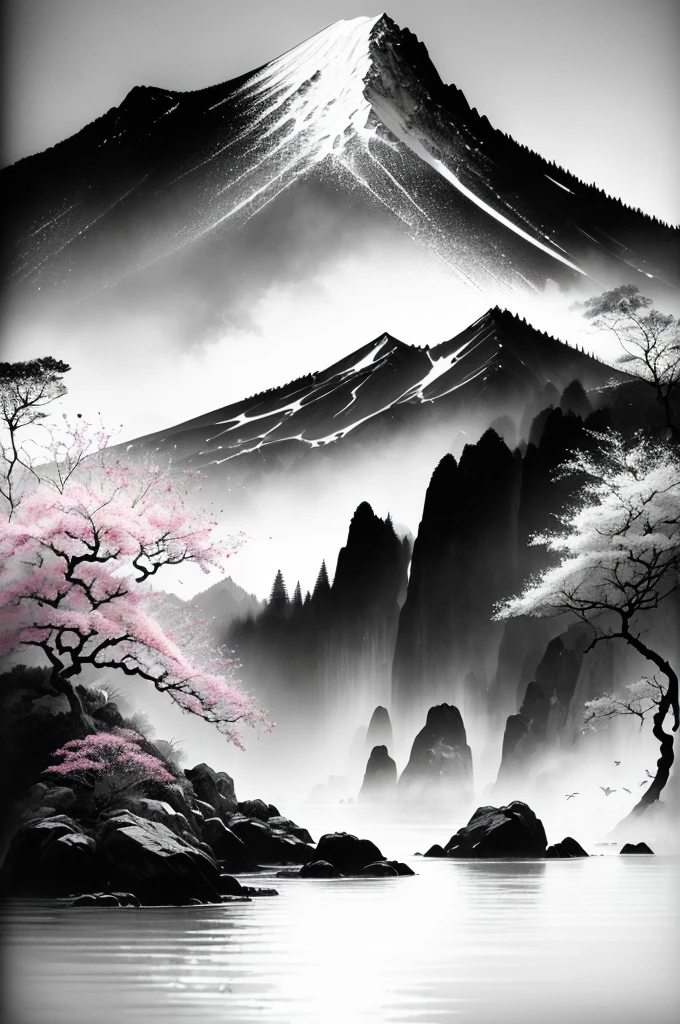 (best quality,4k,8k,highres,masterpiece:1.2),ultra-detailed,(realistic,photorealistic,photo-realistic:1.37),white background,scenery,ink,mountains,waterfall,white cherry trees,crane birds,portraits,vivid colors,sharp focus,stunning lighting