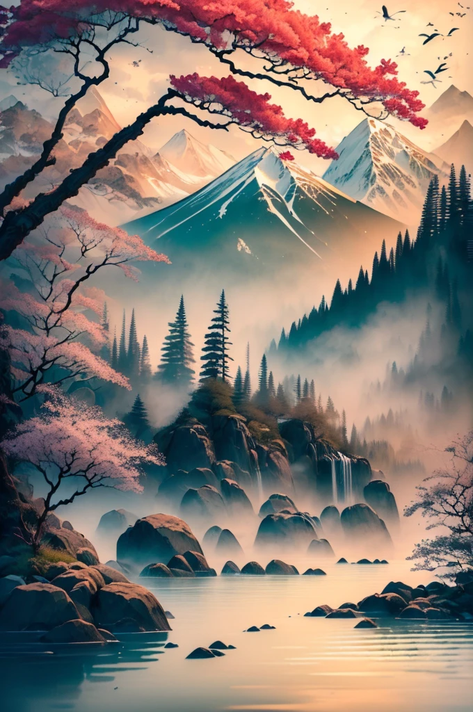 (best quality,4k,8k,highres,masterpiece:1.2),ultra-detailed,(realistic,photorealistic,photo-realistic:1.37),white background,scenery,ink,mountains,waterfall,white cherry trees,crane birds,portraits,vivid colors,sharp focus,stunning lighting