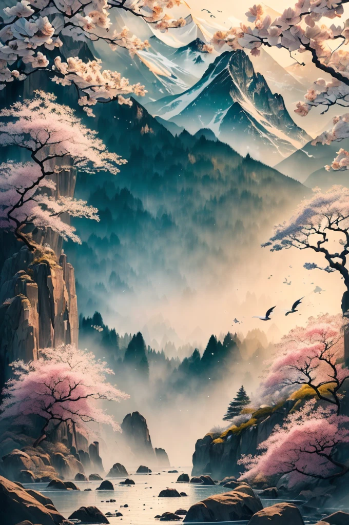 (best quality,4k,8k,highres,masterpiece:1.2),ultra-detailed,(realistic,photorealistic,photo-realistic:1.37),white background,scenery,ink,mountains,waterfall,white cherry trees,crane birds,portraits,vivid colors,sharp focus,stunning lighting