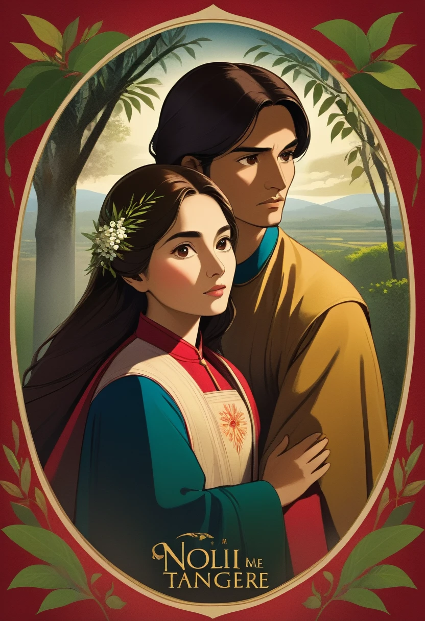 Create a captivating poster inspired by the novel Noli Me Tangere, showcasing the iconic characters Maria Clara and Ibarra. The design should capture the essence of Filipino culture and the themes of love, revolution, and social injustice portrayed in the novel. Incorporate symbolic elements that represent the characters' journey and the historical setting of the story. The poster should evoke a sense of nostalgia and intrigue, drawing viewers into the rich narrative of Noli Me Tangere.
