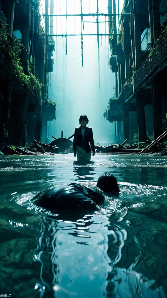 In the water,moss,Showa,Collapse,Devastation,Inside the ruins,Glasses,Women,adventure,Black and White,
