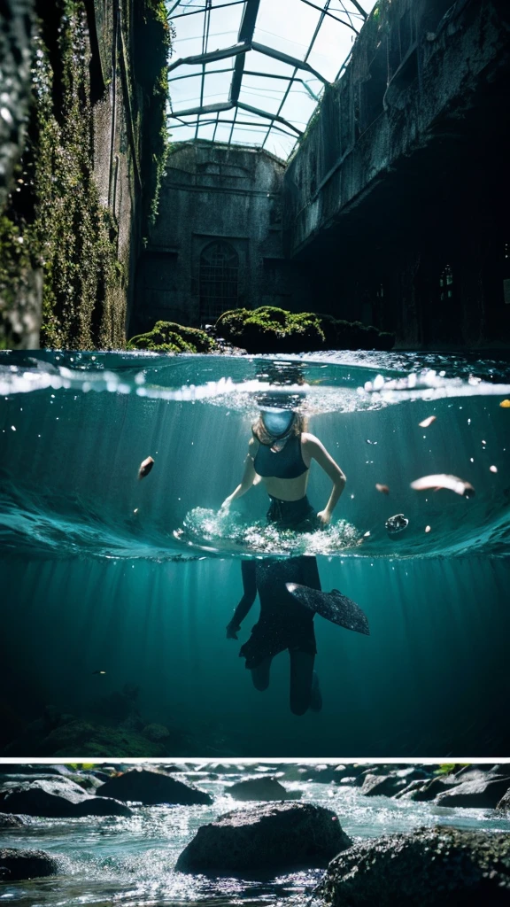 In the water,moss,Showa,Collapse,Devastation,Inside the ruins,Glasses,Women,adventure,Black and White,