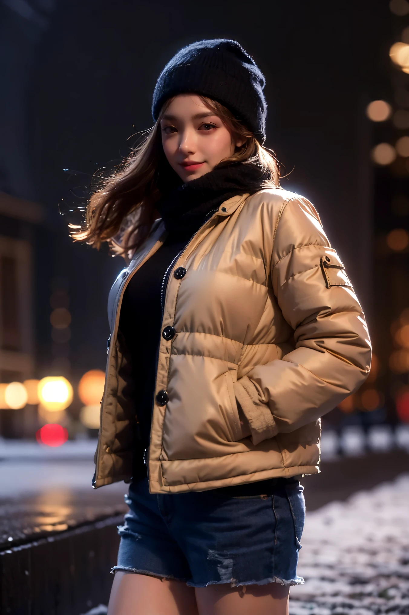 girl of 25 y.o, photo \(medium\), cap, gloves, hand in pocket, scarf, head scarf, blush, nose blush, smile, casual, winter clothes, winter, snow, wind, outdoors, city, cloudy sky, looking at viewer, (masterpiece, best quality, high quality, highres, ultra-detailed), dramatic,atmospheric, bokeh, depth of field,