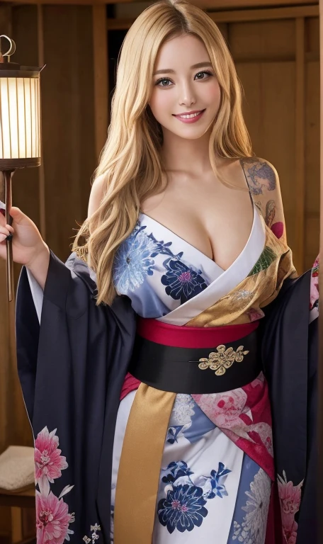 Reese, Whiterspoon, une femme de 25 ans, visage fin, cheveux long, , seductive look, sourire romantique, fine, blond with multicolor hairs, petits sein, masterclasse, HD, 8K, yeux verts, corps fin, cleavages, kimono, samourai, dans une maison traditionnelle japonaise, professional lighting, japanese tattoo, japanese letter tattooed, dragon tattoo all over the body, Photo de haute qualité, HD, 8K, masterpiece, sourire romantique, sexy, bodypainting, japanaise kanji painting
