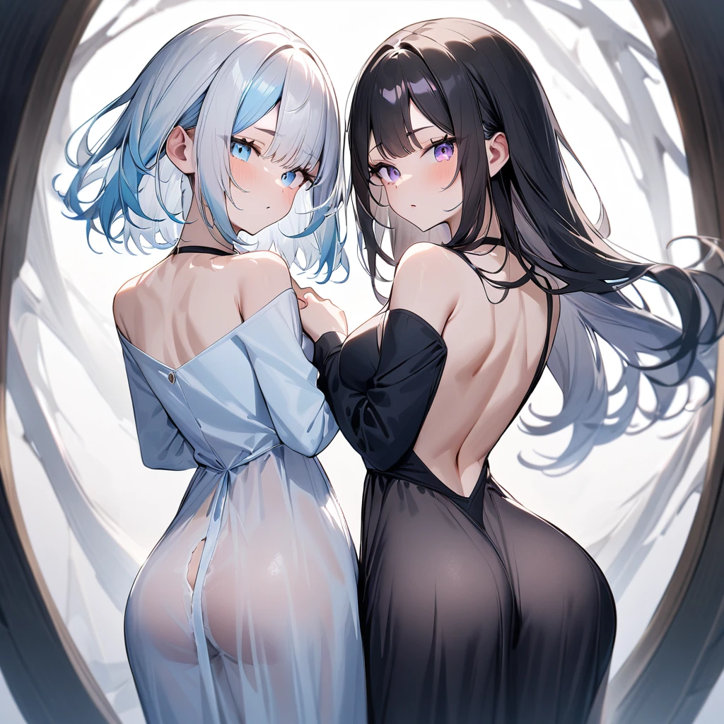 {{2girls}}, diagonal back to back,masterpiece,best quality,very aesthetic,absurdres,cowboy shot,light color,dark color,light hair,dark hair,White hair,light  blue hair,light  blue eyes,Lovely,translucent hair,dark purple eyes,headless,(black hair,one eyes),asymmetry,Wide open back,Wide open back,Bare shoulders, huge ass,see-through,butt_crack,bend,