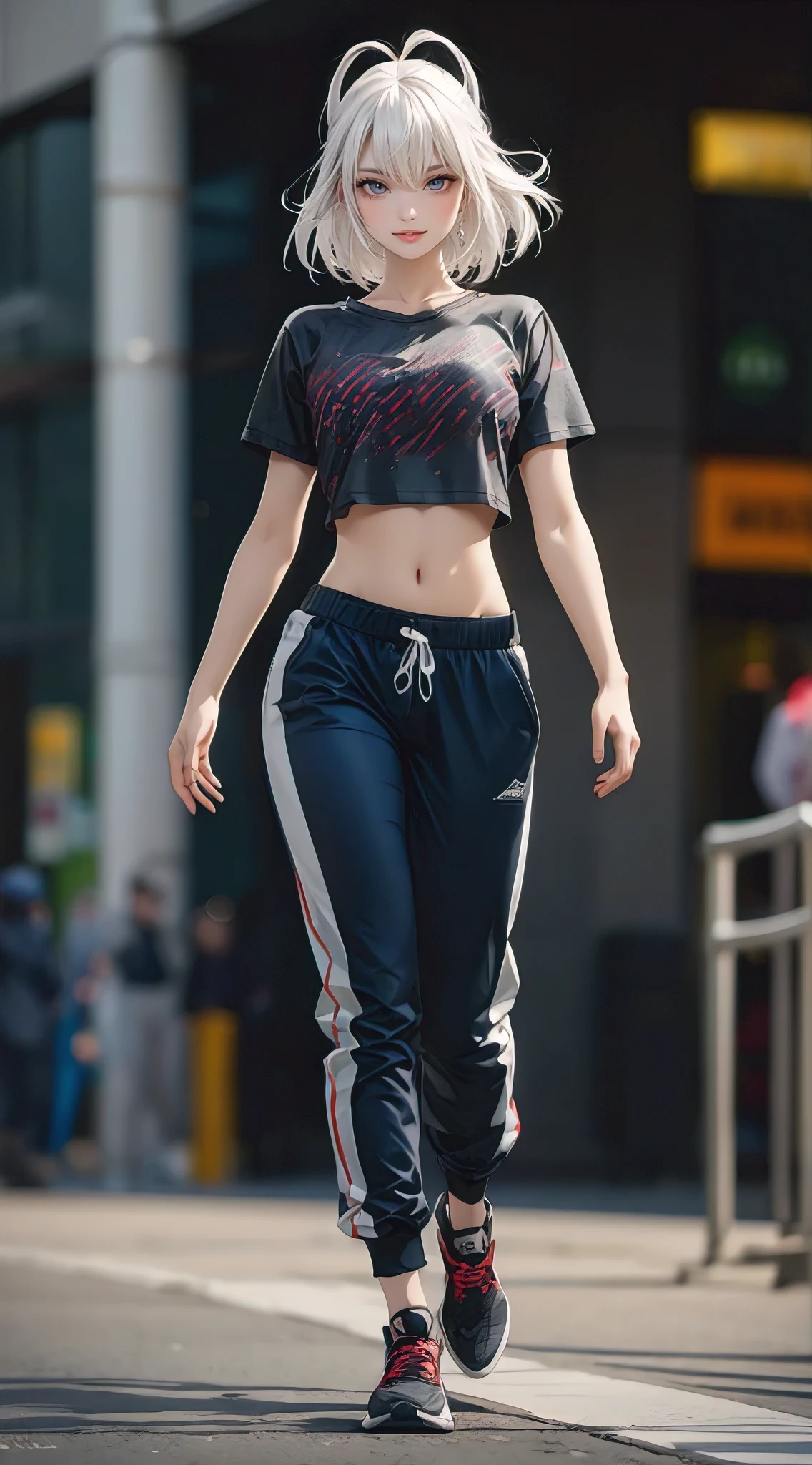 A stunningly detailed, photorealistic anime illustration of a tall, slender, and beautiful woman with white hair and red eyes. She exudes an active and energetic personality, dressed in a cropped t-shirt with a striking pattern and matching pants. The woman's footwear is trendy sports shoes, and her overall appearance is both fashionable and dynamic. The background suggests an urban setting, with modern architecture and a bustling city vibe.