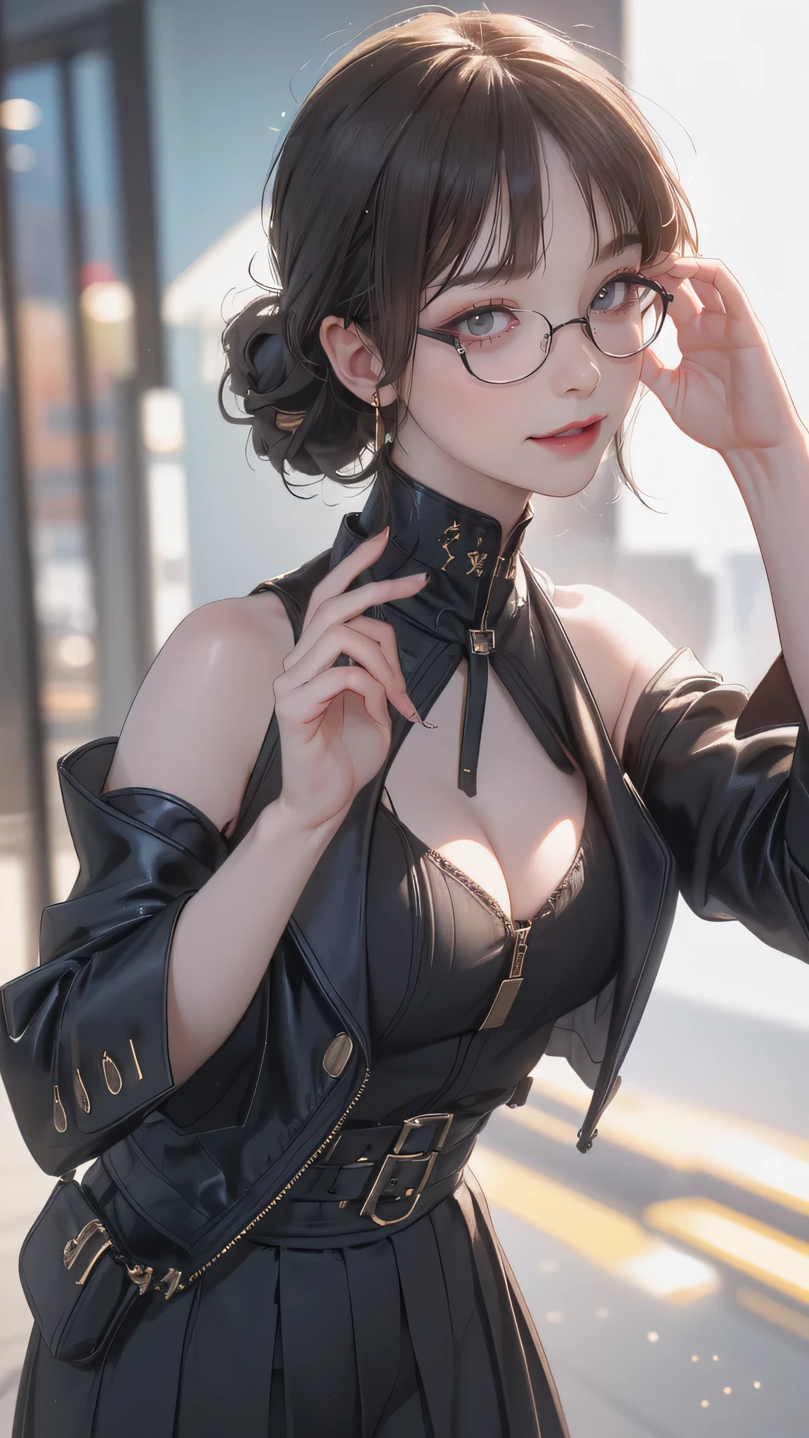 (glasses:1.2),(random boyish fashion),(random pose),(random hairstyle),(Thin type),(large breasts:1.5),(Highest image quality, (8K), Ultra-realistic, Best Quality, High quality, High Definition, high quality texture, high detailing, Beautiful detailed, fine detailed, extremely details CG, Detailed texture, realistic representation of face, masterpiece, presence)