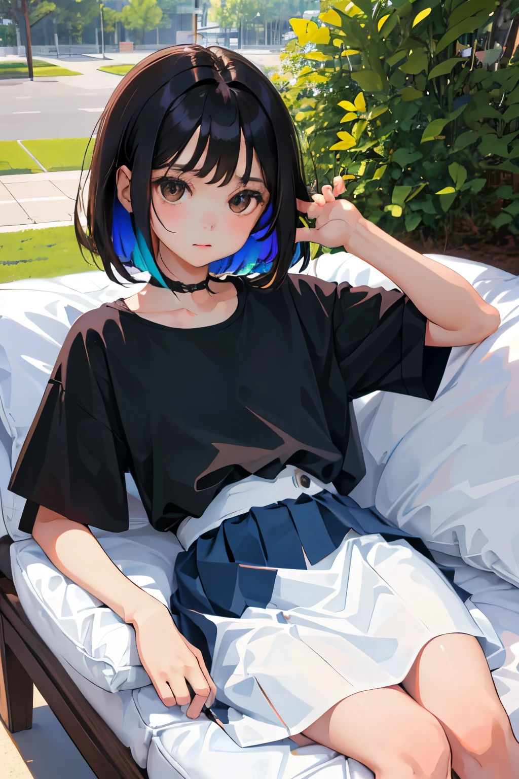 ()，highest quality，Beautiful face in every detail，cute，Dark brown eyes，(背の低いcute女の子，Smallg student，Yoicate girl）,（masterpiece，Top quality)，Black Hair，Sleepy expression，Short sleeve white shirt，Colorful checked skirt