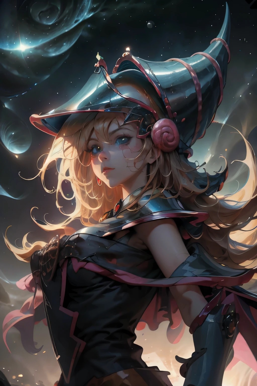Giles magos oscuros. magos oscuros. ojos azules. cabello rubio. labios rojos. Detailed Features.., cosmic colors, ethereal lighting, Pintura surrealista, high resolution, otherworldly atmosphere, Seres celestiales. Hermosa diosa