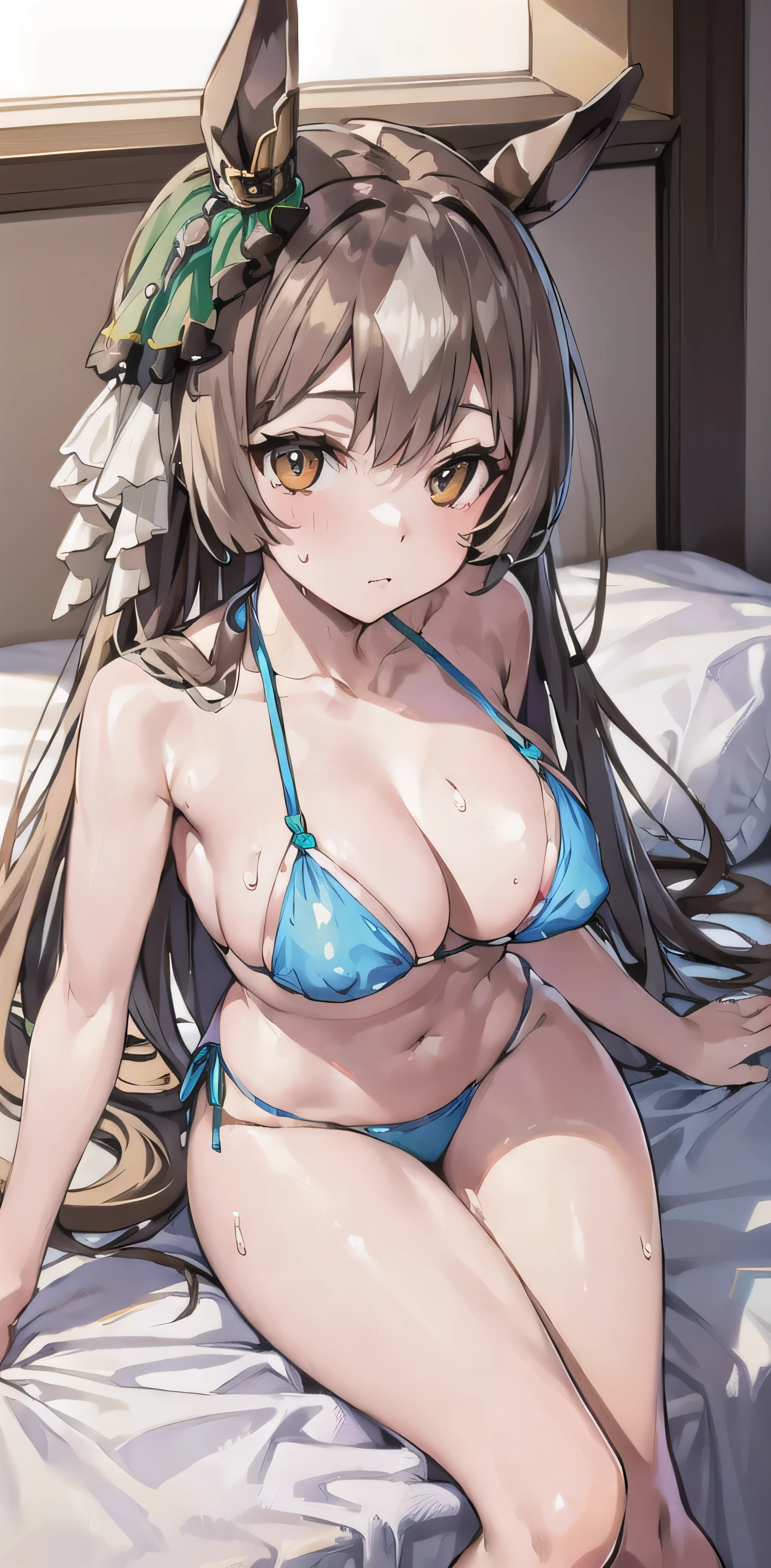 masterpiece, highest quality, close, Face shot, \(Umamusume\),((Light blue metallic ultra micro bikini))、Mansuji、See-through nipples、Sweat、sit、Leg spread、(Grown body、Large Breasts)、onthe bed、Lewd face、Facing forward