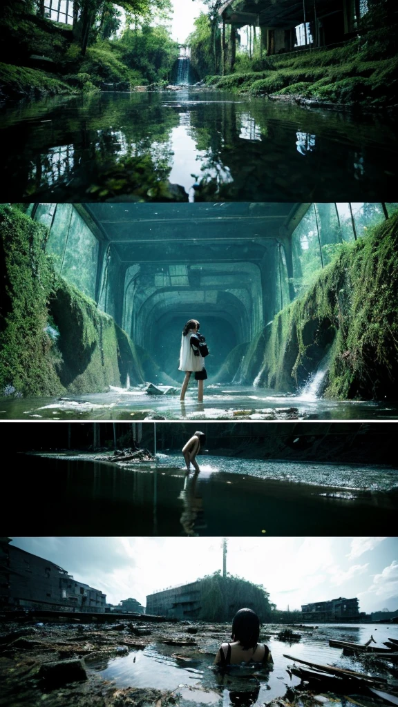 In the water,moss,Showa,Collapse,Devastation,Inside the ruins,Glasses,Women,adventure,Black and White,