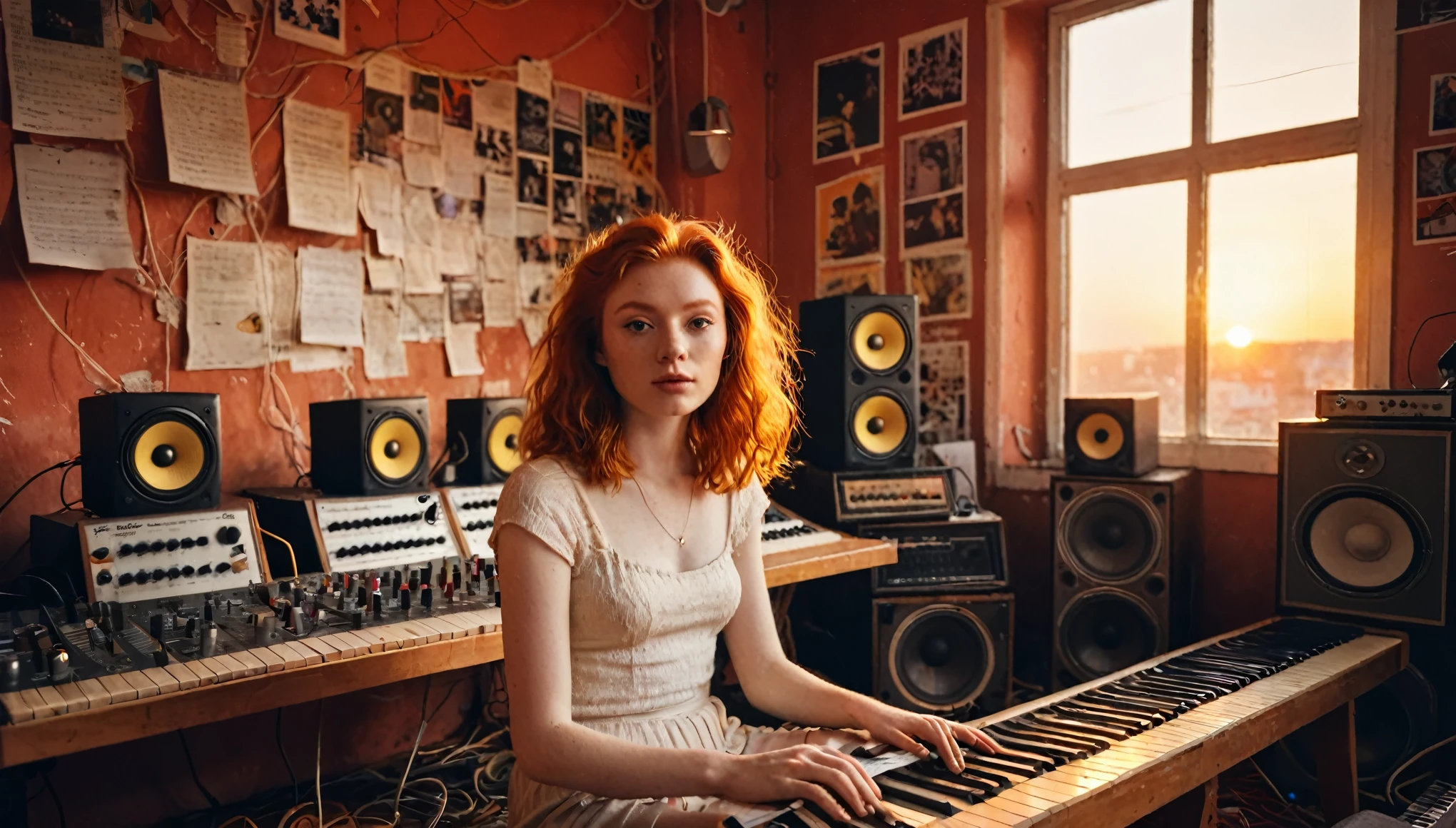 Grainy, vintage realistic photo of a Ginger Girl singer sitting in a messy, dusty, cozy sound studio filled with synths, speakers, wires, microphones, audio equipment, posters on the wall, paper notes on the floor, extremely high quality, volumetric lighting, shining through the windows light rays, cinematic lighting, backlights, red sunset, depth of field, retro, low angle shot, perspective, ambient occlusion, hazy, old, warm, intimate, perfect anatomy, symmetrical face