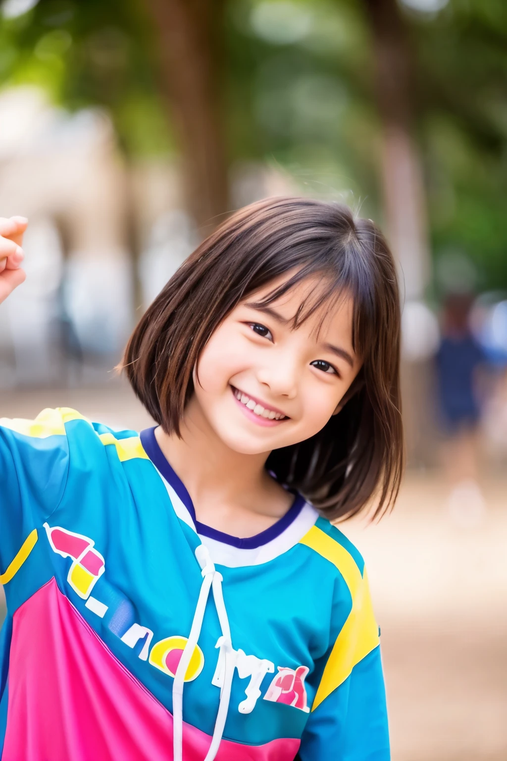 13age、smile、beautiful、smile、Colorful clothes、Shining eyes、stare、bring the action、Throw,Clit Eyes、