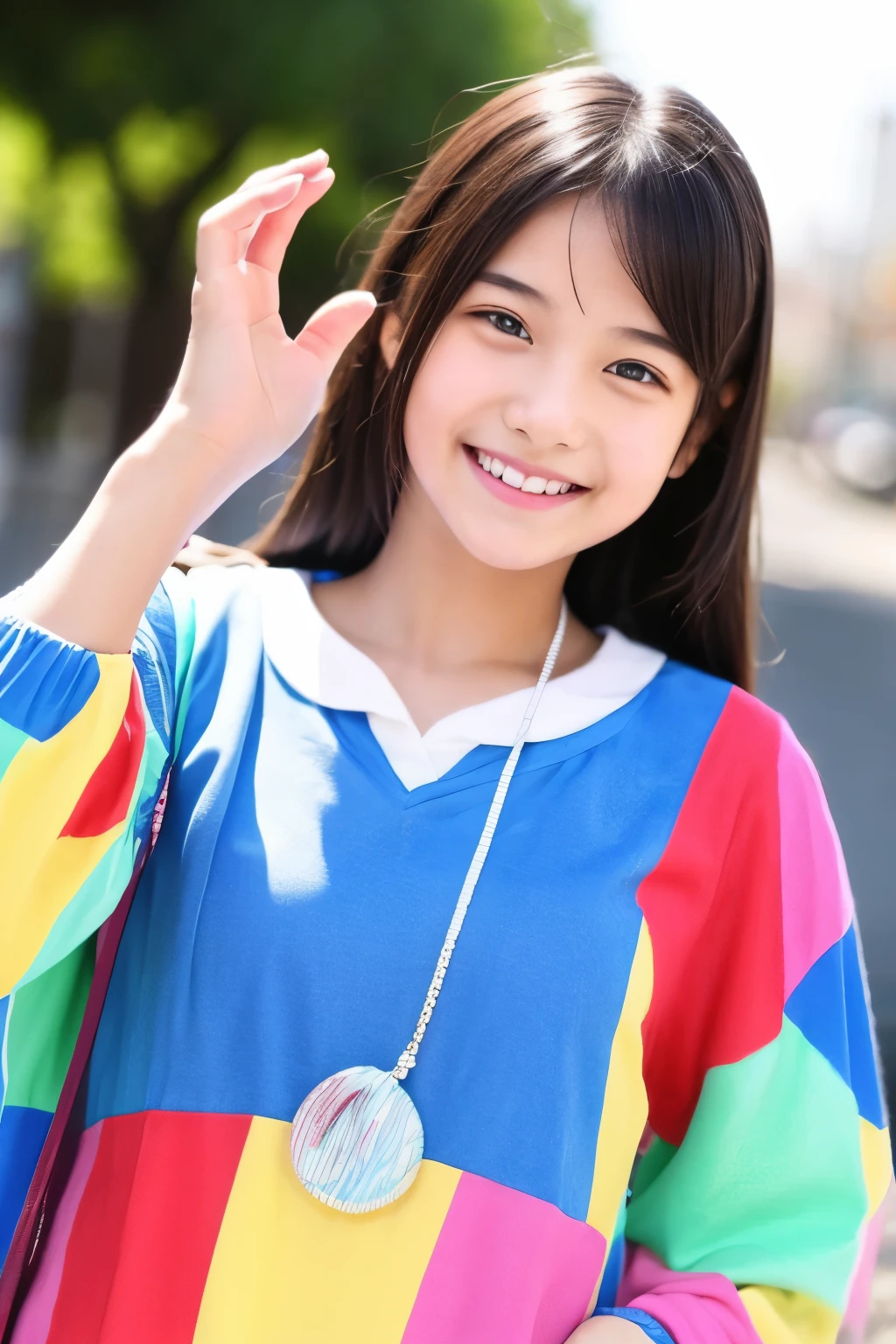 13age、smile、beautiful、smile、Colorful clothes、Shining eyes、stare、bring the action、Throw,Clit Eyes、