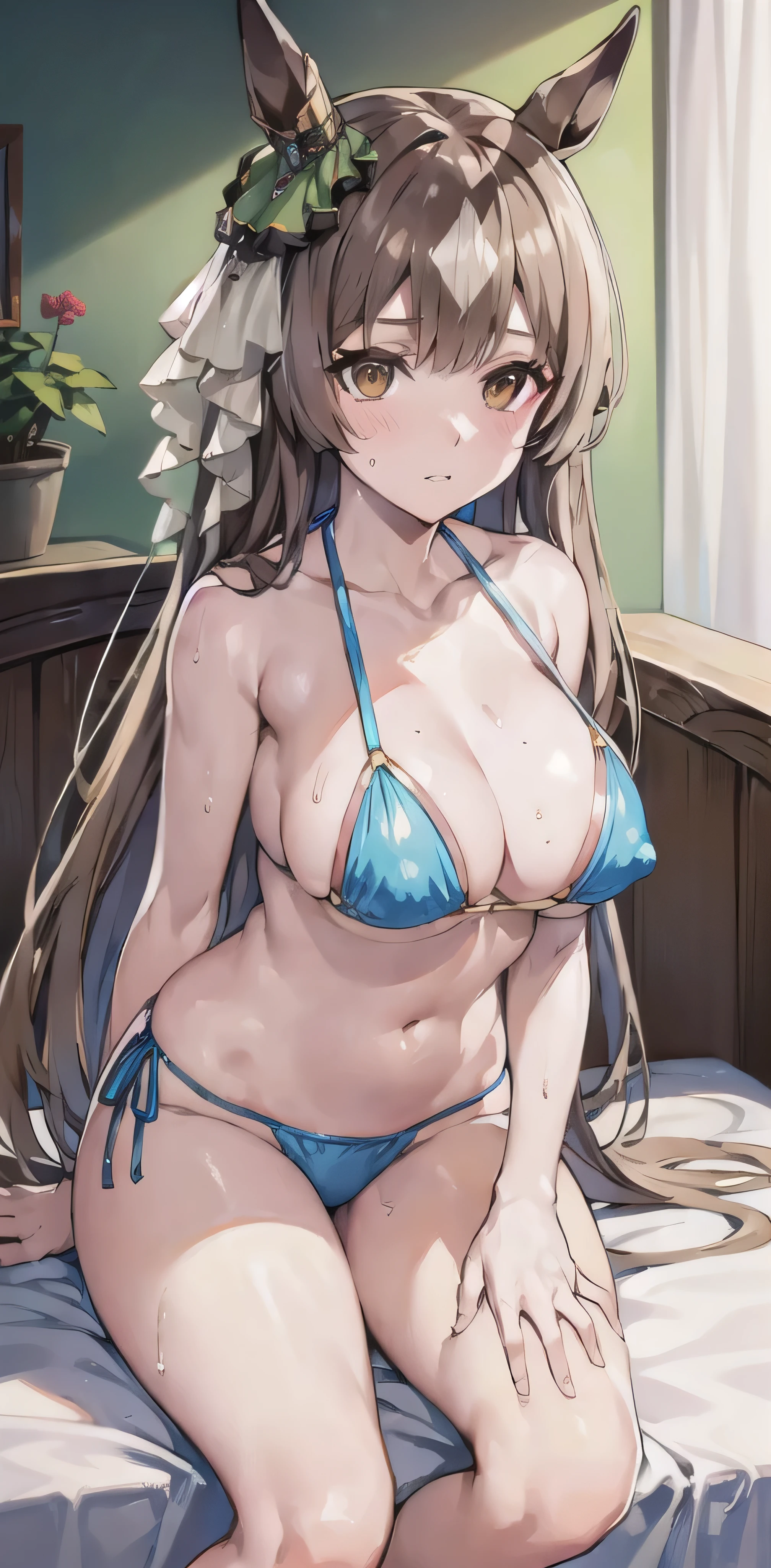 masterpiece, highest quality, close, Face shot,  \(Umamusume\),((Light blue metallic ultra micro bikini))、Mansuji、See-through nipples、Sweat、sit、Leg spread、(Grown body、Large Breasts)、onthe bed、Lewd face、Facing forward