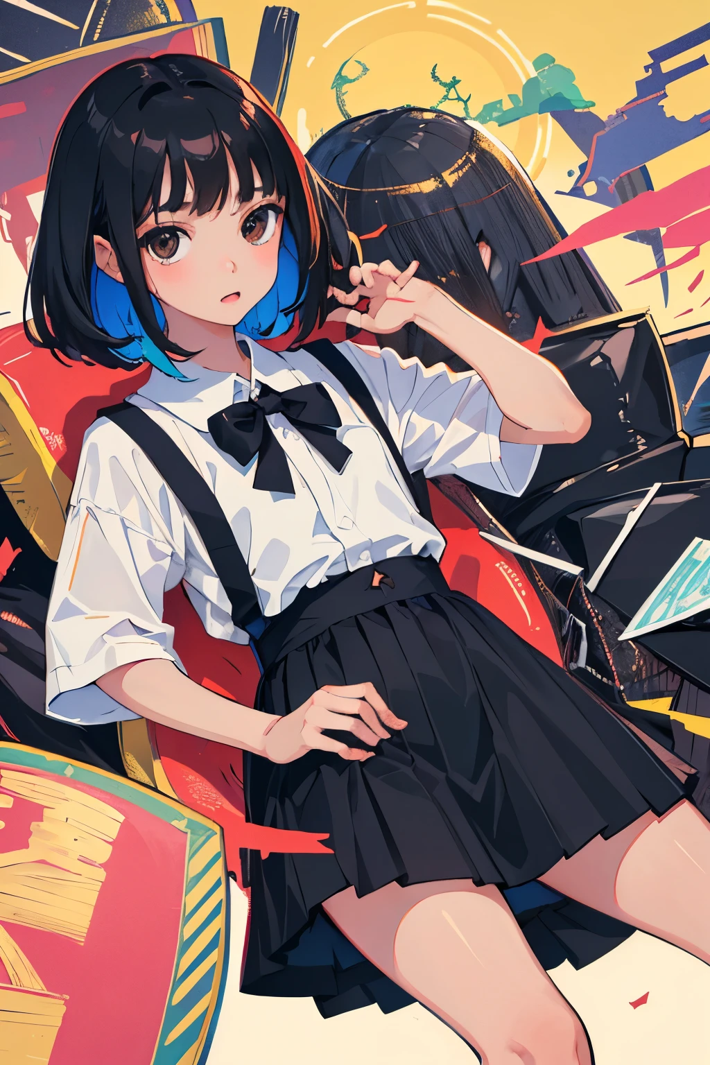 (),highest quality,Beautiful face in every detail,cute,Dark brown eyes,(背の低いcute女の子,Smallg student,Yoicate girl),(masterpiece,Top quality),Black Hair,Sleepy expression,Short sleeve white shirt,Colorful checked skirt