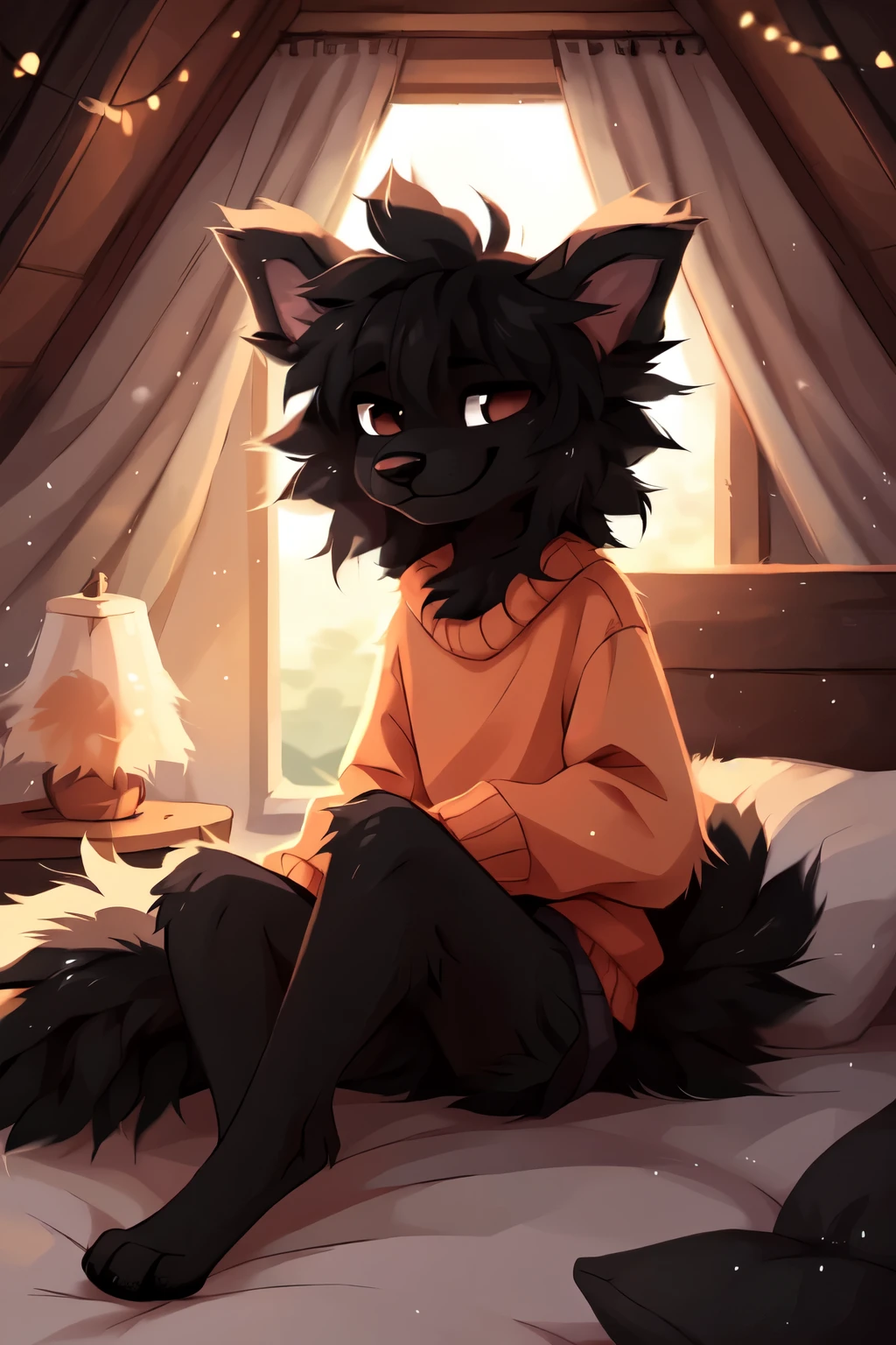 ((by reysi)), Best quality, Super detailed illustration, warm colors, Ideal lighting, (Fluffy boy dog:1.6), (Black fur:1.5), disheveled thick hair, short shorts, long black stockings, black long sleeve sweater, in a cosy room, smug smile, tricky glance , Femboy, Slim, perfect body,
