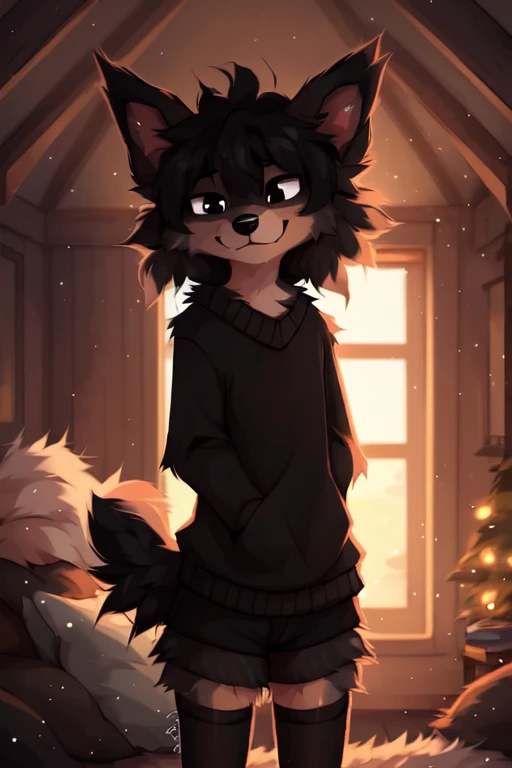 ((by reysi)), Best quality, Super detailed illustration, warm colors, Ideal lighting, (Fluffy boy dog:1.6), (Black fur:1.5), disheveled thick hair, short shorts, long black stockings, black long sleeve sweater, in a cosy room, smug smile, tricky glance , Femboy, Slim, perfect body,