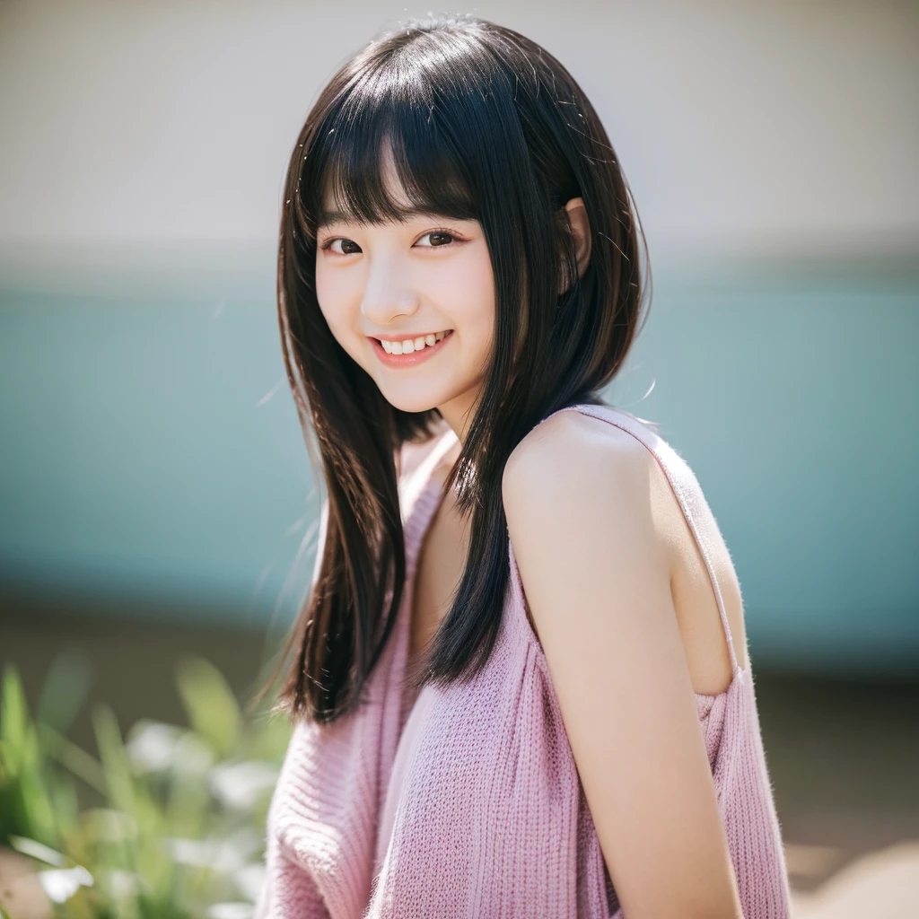 Black-haired Korean idol girl with bangs smiling in photo shoot