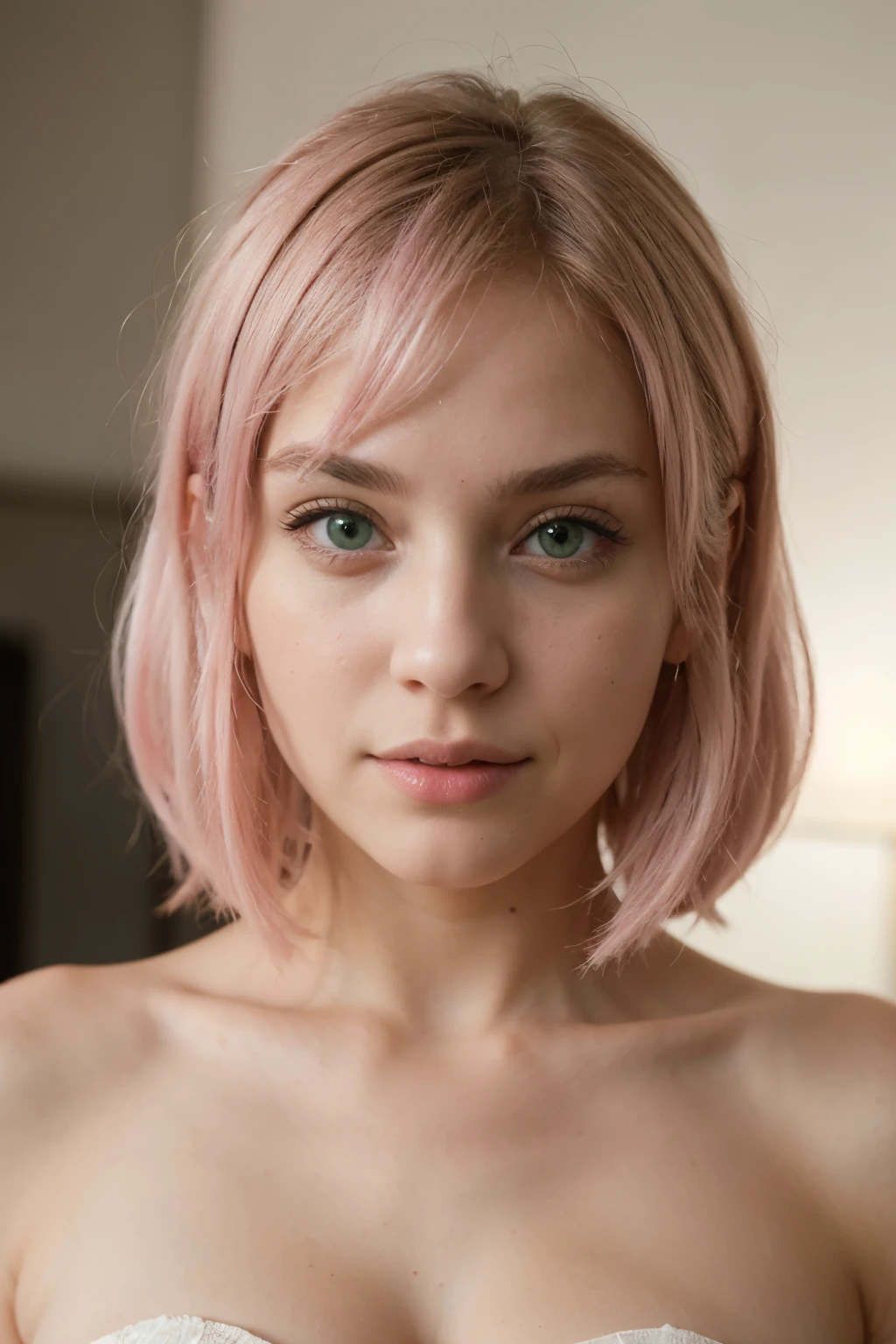 ((best quality)), ((masterpiece)), (detailed), perfect face beautiful girl with pastel pink hair and green eyes