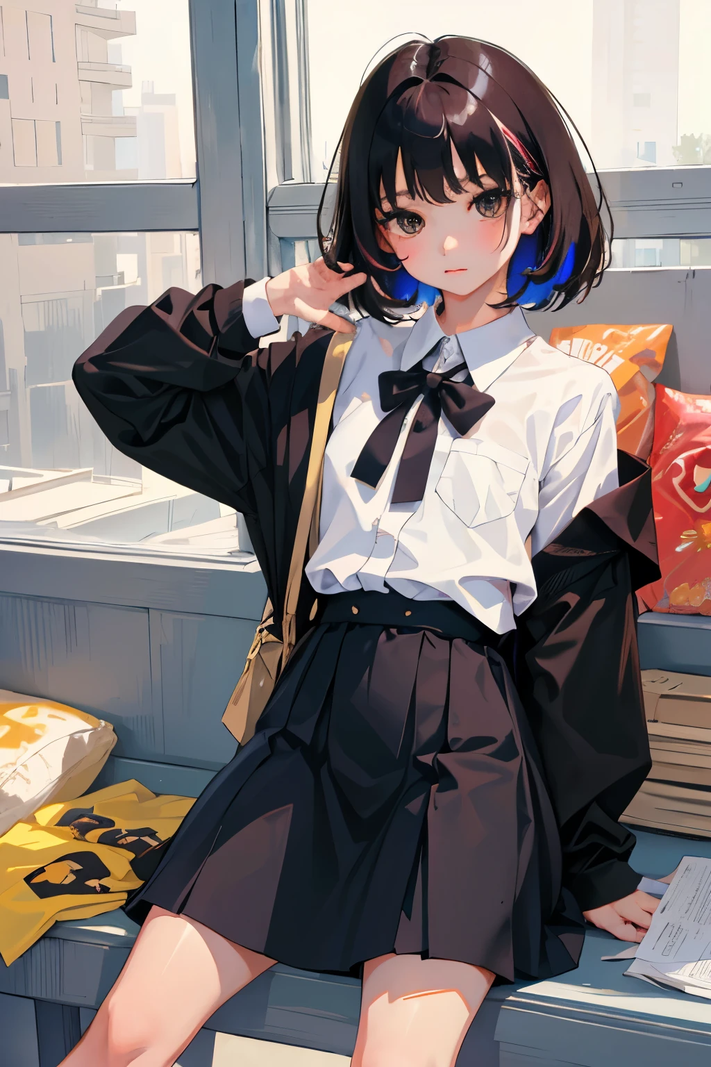 (child),highest quality,Beautiful face in every detail,cute,Dark brown eyes,(背の低いcute女の子,Small young student,Young delicate girl),(masterpiece,Top quality),Black Hair,Sleepy expression,Short sleeve white shirt,Colorful checked skirt