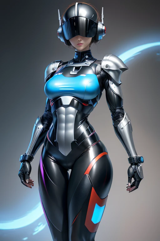 female robocop solo、Armor that completely covers the whole body、very large armor、helmet with straight, narrow goggles to hide your eyes、Metallic Rainbow Armor、Armor that completely covers the chest、thin and long legs、Vibrant Posel Body View,luscious lips,(big and full breasts:1.3), (sports body:1.5)、five fingers