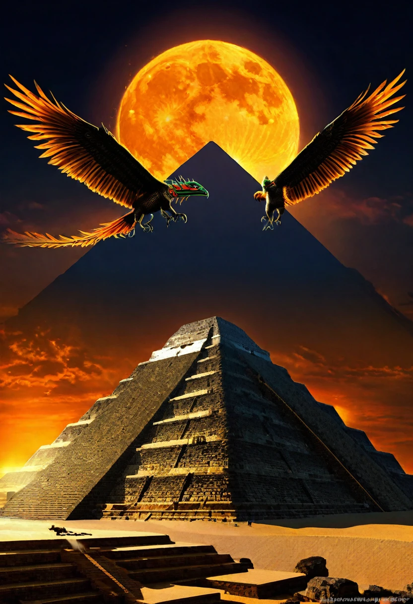 Drawing of the pyramid of Quetzalcoatl, In this drawing there is an eclipse behind the pyramid that comes out from the sides of the pyramid. As the protagonist we have the feathered serpent flying above the pyramid, dejando ver su hermoso plumaje con colores brillantes, the eclipse creates an orange lighting landscape
